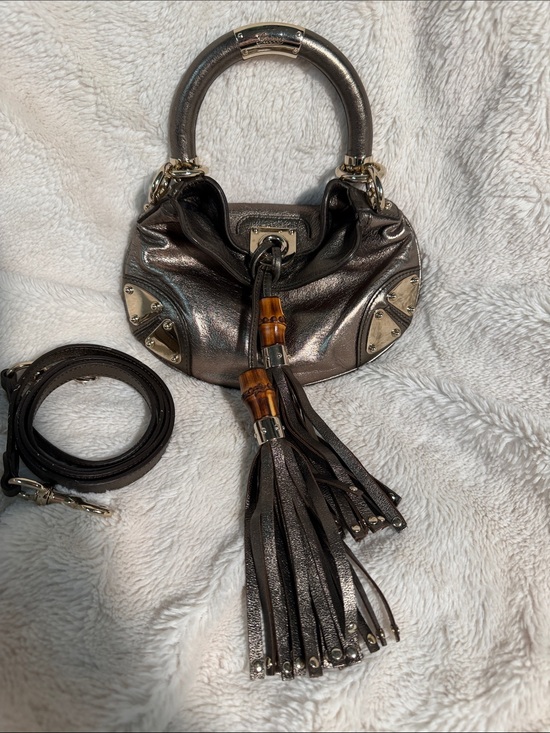 Gucci Handbags - Gucci Small Indy Babouska Metallic Leather Bamboo Tassel Bag